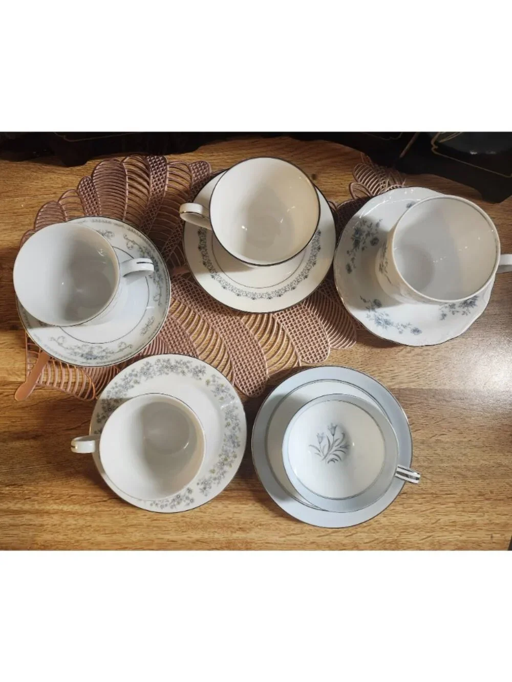 Mismatched China Tea Cups & Saucers Blue Theme Porcelain Floral